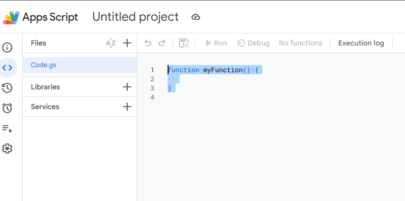 New Google Apps Script Code.gs editor