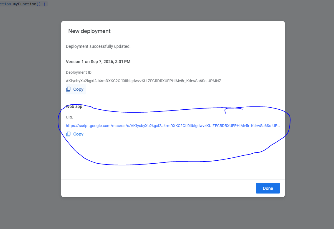 Apps Script deployment success screen with Web app URL
