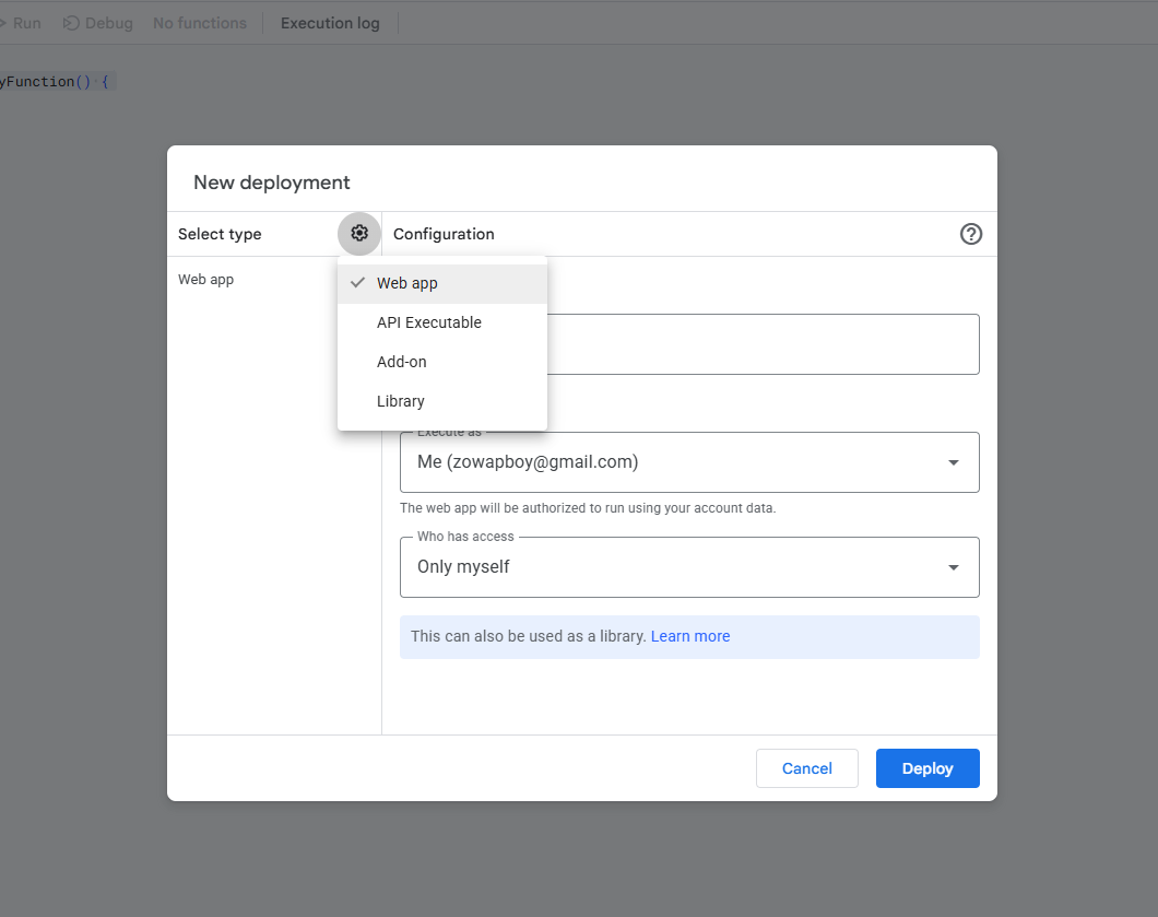 Apps Script new deployment dialog with Web app selected