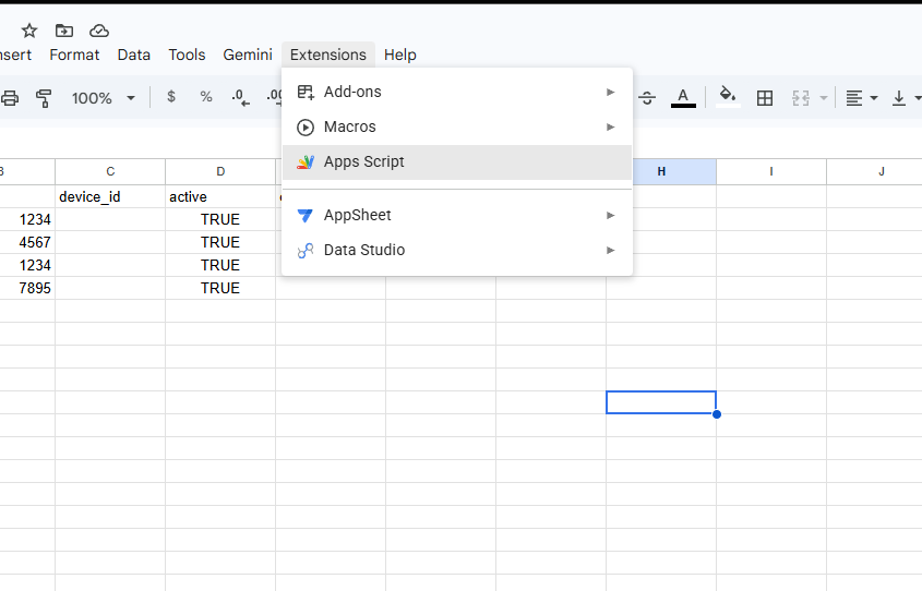 Google Sheets Extensions menu with Apps Script highlighted