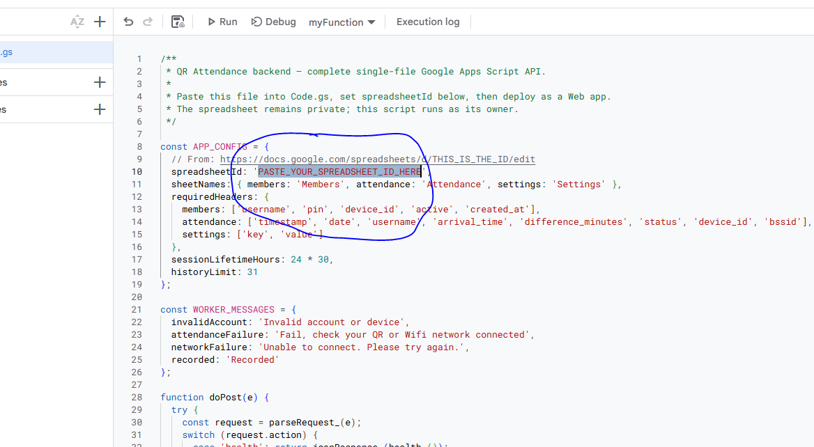 Apps Script code showing where to add the spreadsheet ID