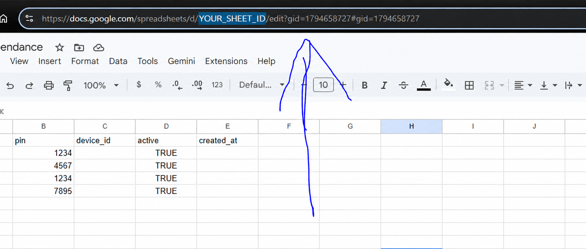 Example showing where the Google Sheet ID appears in the address bar