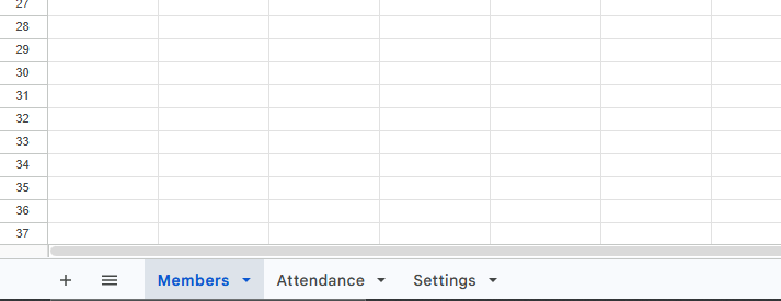 Google Sheet tabs named Members, Attendance and Settings